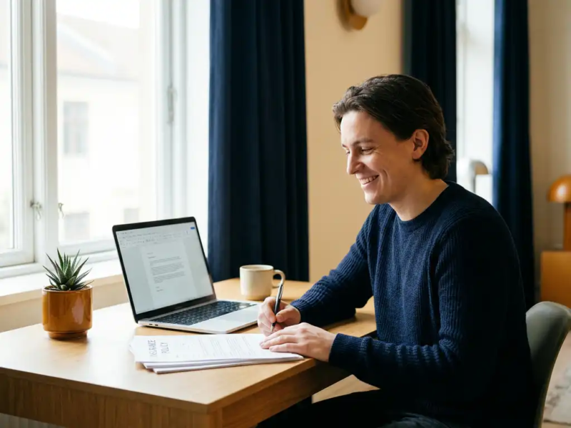 Zelfstandige professional die verzekeringsdocumenten bekijkt aan een modern bureau met laptop, kamerplant en koffie in warm natuurlijk daglicht.