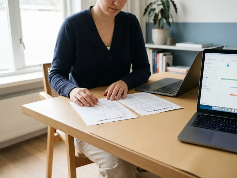 Freelancer aan modern bureau met twee verzekeringsdocumenten naast elkaar, laptop open, thuiskantoor met natuurlijk daglicht.