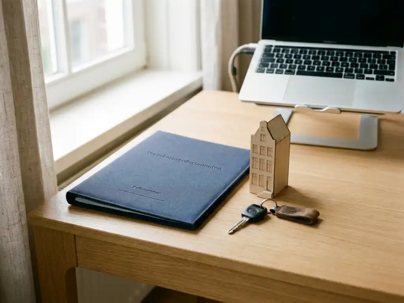 Thuiskantoor van een Nederlandse freelancer met verzekeringsdocumenten, een huismodel en autosleutel op een licht eiken bureau.