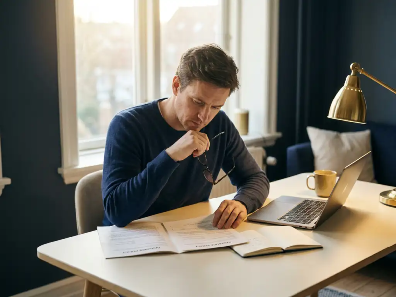 Freelancer vergelijkt twee verzekeringsdocumenten aan een modern bureau met laptop en notitieboekje in warm middaglicht.