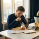 Freelancer vergelijkt twee verzekeringsdocumenten aan een modern bureau met laptop en notitieboekje in warm middaglicht.