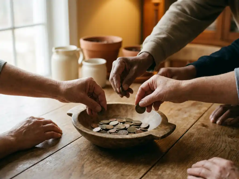 Diverse handen die munten in een houten schaal leggen op een eiken tafel, symbool voor collectieve bijdrage en onderlinge steun.