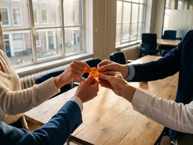 Diverse handen reiken naar een gloeiende munt boven een eiken tafel in een modern Nederlands kantoor, symbool van financiële solidariteit.