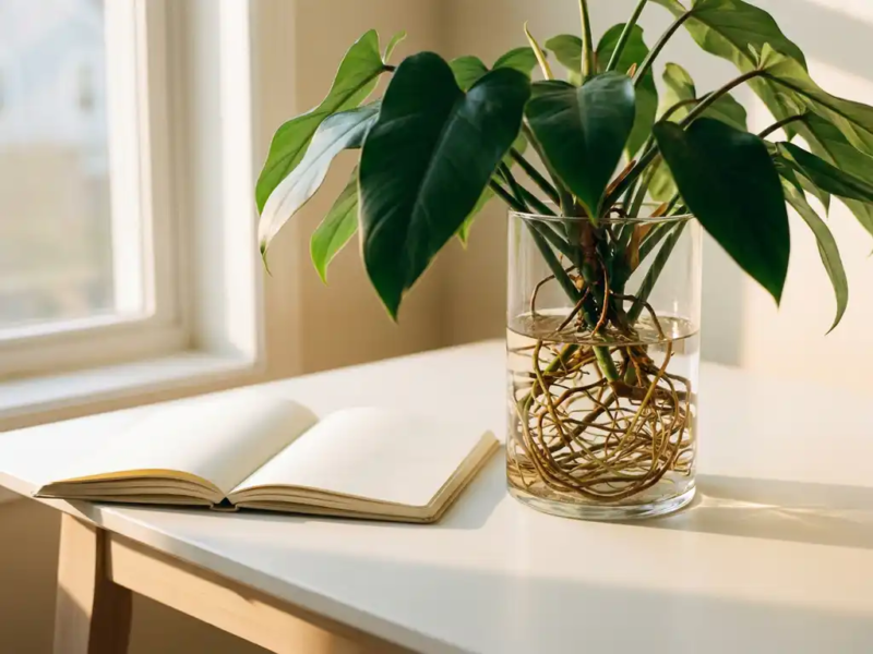 Groene plant met zichtbare wortels in glazen vaas op minimalistisch bureau, zacht ochtendlicht en opengeslagen notitieboekje op de achtergrond.
