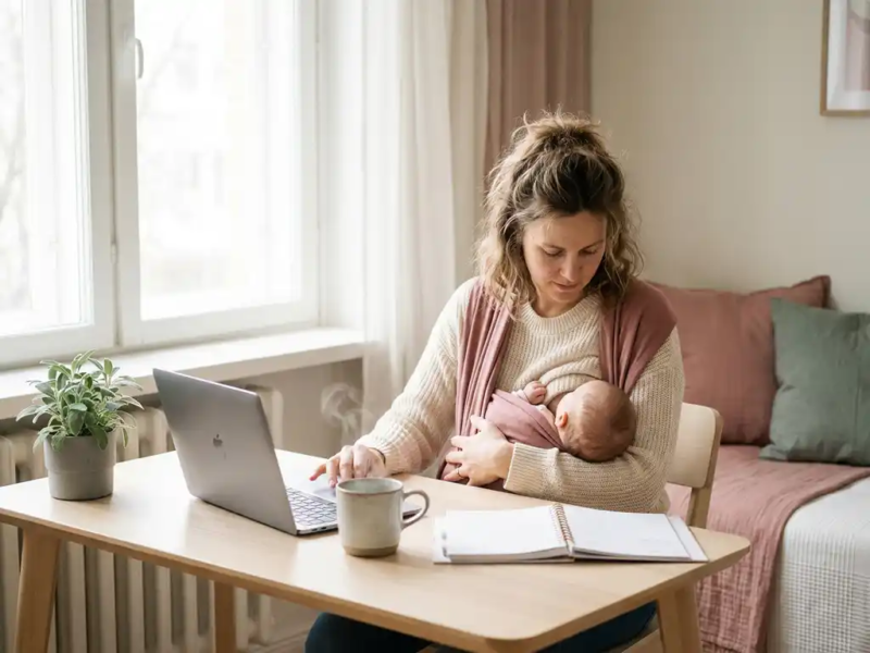 Zelfstandige moeder die haar baby voedt aan een Scandinavisch thuiskantoor bureau, laptop en koffie binnen handbereik, zacht natuurlijk daglicht.