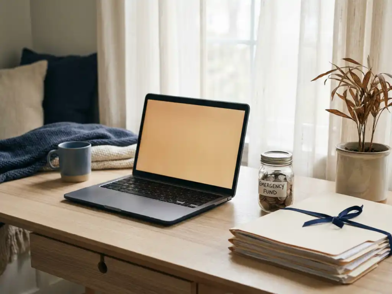 Freelance thuiskantoor met laptop, noodspaarfonds in glazen pot met munten, documenten en verwelkte plant op opgeruimd bureau.