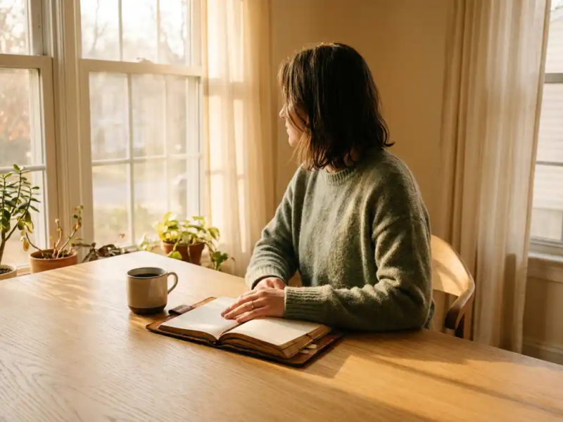 Solo-ondernemer aan een eikenhouten bureau met open dagboek en koud kopje koffie, starend naar een zonnig raam in warm ochtendlicht.