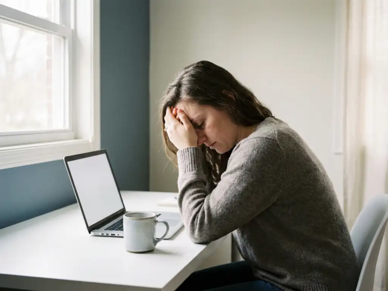 Uitgeputte ondernemer met hoofd in handen aan wit bureau, onaangeroerde koffie naast laptop, zacht ochtendlicht vanuit raam.