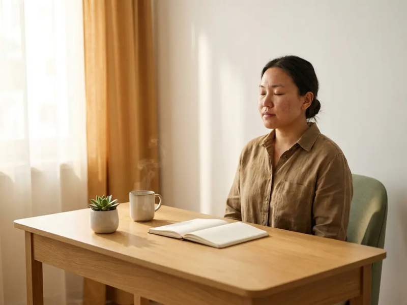 Ondernemer mediteert aan minimalistisch eiken bureau met koffie, succulent en notitieboek in zacht ochtendlicht.