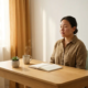Ondernemer mediteert aan minimalistisch eiken bureau met koffie, succulent en notitieboek in zacht ochtendlicht.