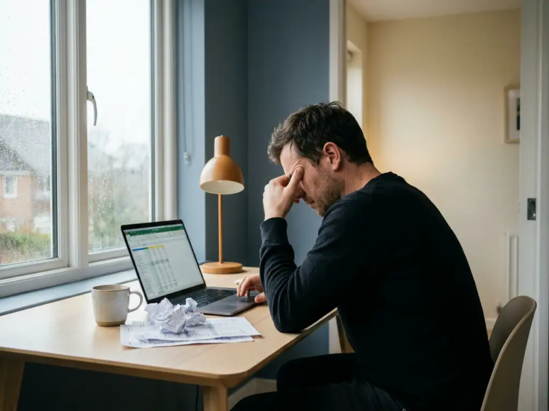 Uitgeputte ondernemer aan minimalistisch thuiskantoor, hoofd in hand, omringd door financiële documenten en laptop bij overcast raamlicht.