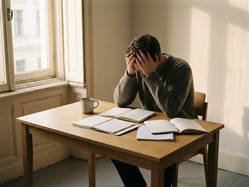 Uitgeputte ondernemer met hoofd in handen aan minimalistisch eiken bureau, omringd door notitieboeken en onaangeroerd kopje koffie in warm ochtendlicht.