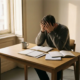 Uitgeputte ondernemer met hoofd in handen aan minimalistisch eiken bureau, omringd door notitieboeken en onaangeroerd kopje koffie in warm ochtendlicht.