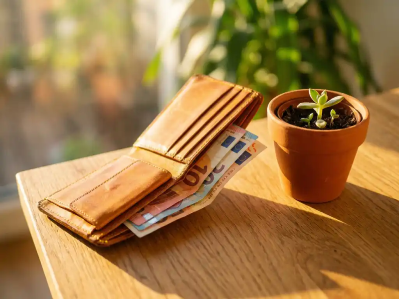 Opengevouwen leren portemonnee met eurobiljetten op eikenhouten bureau, klein vetplantje ernaast, warm ochtendlicht.