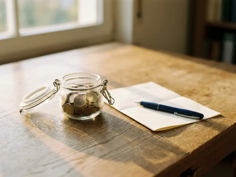 Glazen pot gevuld met euromunten op een eiken bureau naast een gevouwen document en pen, warm middaglicht.