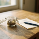 Glazen pot gevuld met euromunten op een eiken bureau naast een gevouwen document en pen, warm middaglicht.