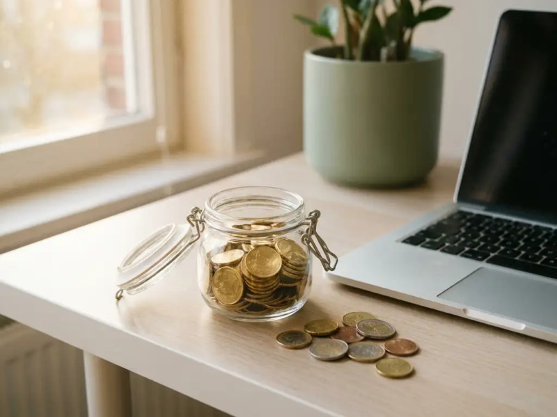 Klein glazen potje gevuld met gouden euromunten op een modern bureau naast een laptop, warm middaglicht.