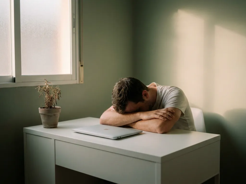 Uitgeputte freelancer met hoofd op gevouwen armen aan wit bureau, gesloten laptop en verwelkte plant in zacht amberkleurig licht.