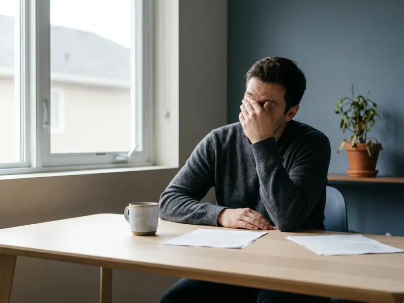 Uitgeputte ondernemer aan minimalistisch thuiskantoor, hoofd in hand, koude koffie en verspreide papieren, verwelkende plant op achtergrond.