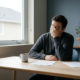 Uitgeputte ondernemer aan minimalistisch thuiskantoor, hoofd in hand, koude koffie en verspreide papieren, verwelkende plant op achtergrond.