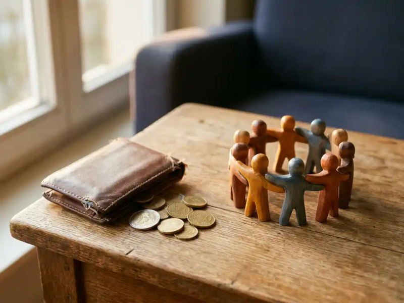 Versleten leren portemonnee met euromunten naast ineengestrengelde handen van figuurtjes op eiken tafel, traditionele verzekering versus onderlinge solidariteit.