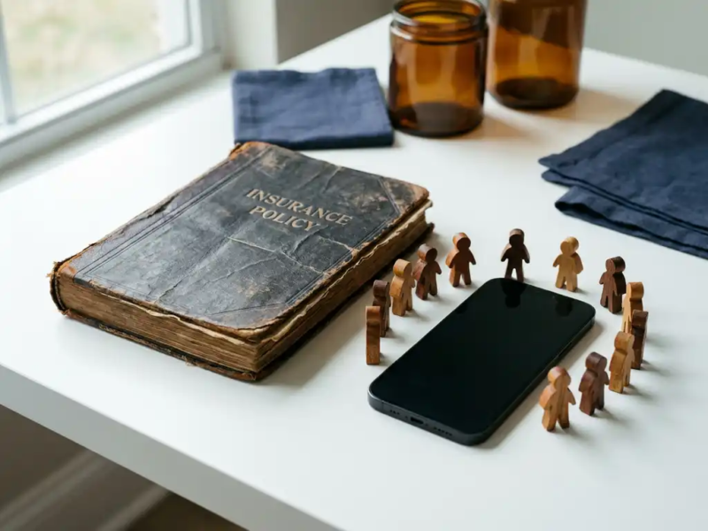 Versleten leren verzekeringspolis naast een smartphone, omringd door houten figuurtjes als symbool van gemeenschappelijke solidariteit.