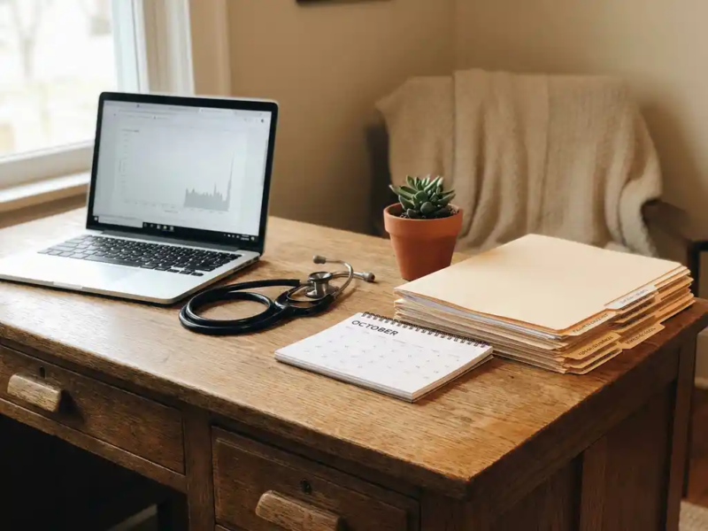 Zelfstandige professional aan een eiken bureau met laptop, stethoscoop, kalender en financiële documenten naast een vetplant.