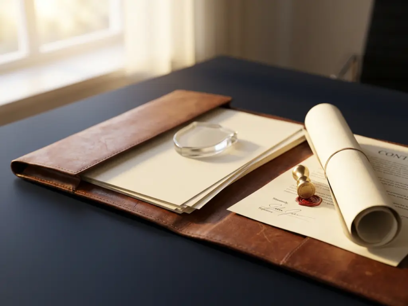 Opengeslagen leren portfolio op modern bureau met ondertekend contract, persoonlijk zegel en schildvormige paperweight in warm ochtendlicht.