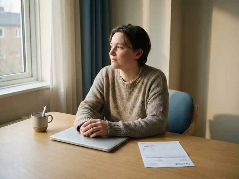 Zelfstandige professional aan minimalistisch thuiskantoor met gesloten laptop, onbetaalde factuur en koud kopje koffie in zacht natuurlijk licht.