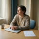 Zelfstandige professional aan minimalistisch thuiskantoor met gesloten laptop, onbetaalde factuur en koud kopje koffie in zacht natuurlijk licht.