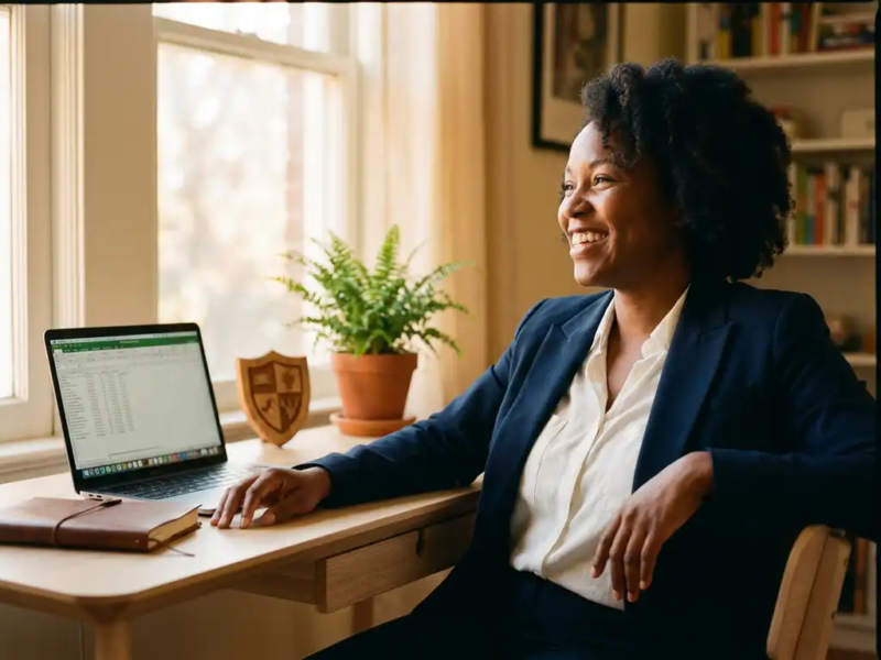 Zelfstandige professional aan modern bureau met laptop en houten schildvormig object, warm gouden kantoorlicht, potplant op achtergrond.