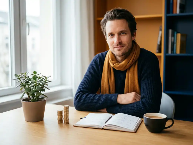 Zelfstandige professional aan modern bureau met gestapelde euromunten, openstaande planner en koffiemok in warm natuurlijk licht.