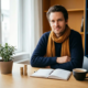 Zelfstandige professional aan modern bureau met gestapelde euromunten, openstaande planner en koffiemok in warm natuurlijk licht.