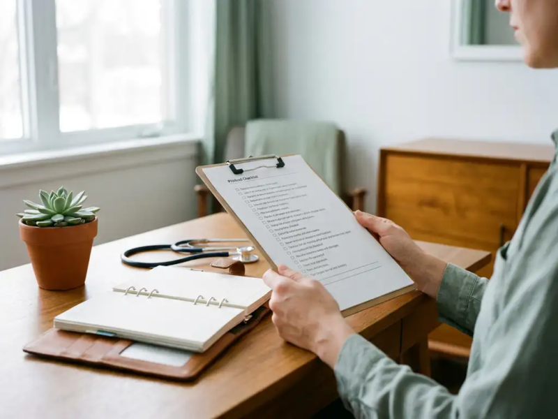 Zelfstandige zorgprofessional bekijkt checklist aan bureau met stethoscoop, agenda en kamerplant in natuurlijk raamlicht.
