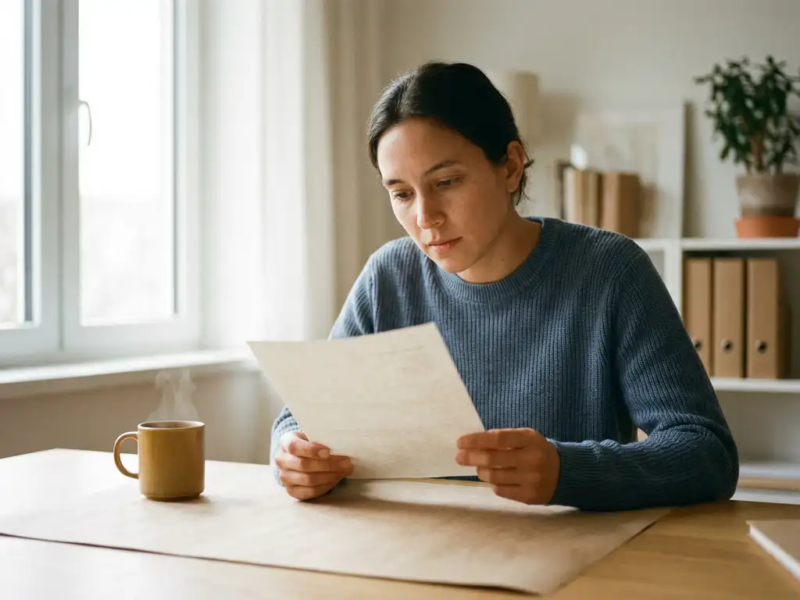 Zelfstandige professional die een document bestudeert aan een modern bureau, met koffie en zacht natuurlijk licht.