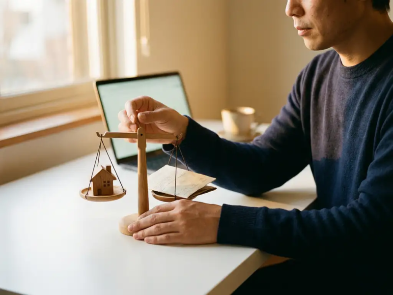Zelfstandige professional weegt houten weegschaal met miniatuurhuis en document op wit bureau, warme gouden zijlicht.