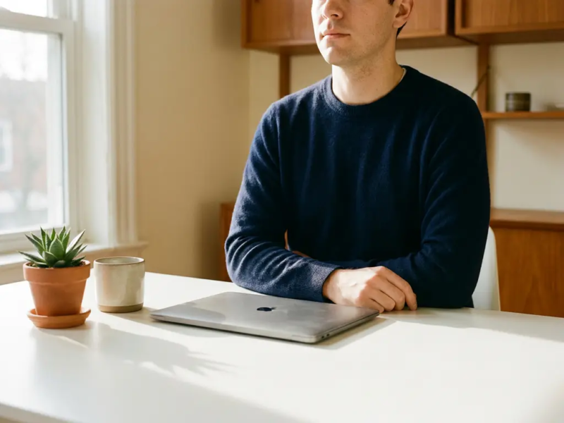 Zelfstandige professional aan minimalistisch wit bureau met handen op gesloten laptop, warm middaglicht en kleine succulent op de achtergrond.