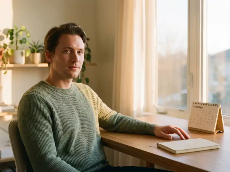 Zelfstandige professional ontspannen aan een licht minimalistisch thuiskantoor bureau, warm goudkleurig licht door een groot raam.