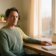 Zelfstandige professional ontspannen aan een licht minimalistisch thuiskantoor bureau, warm goudkleurig licht door een groot raam.
