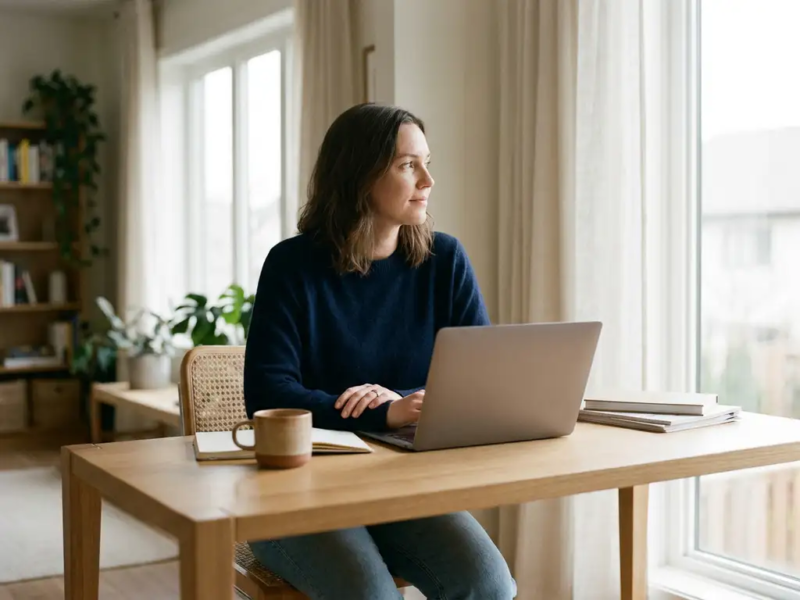 Zelfstandige professional aan modern thuiskantoor bureau met laptop, documenten en koffie in warm natuurlijk daglicht.