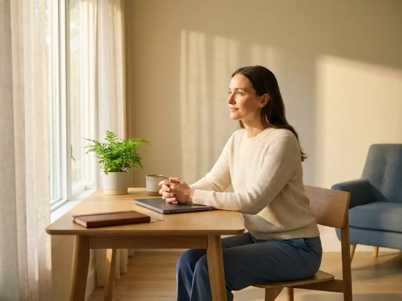 Zelfstandige professional aan modern houten bureau thuis, handen op gesloten laptop, blik gericht op zacht raamlicht, met notitieboekje en plant.