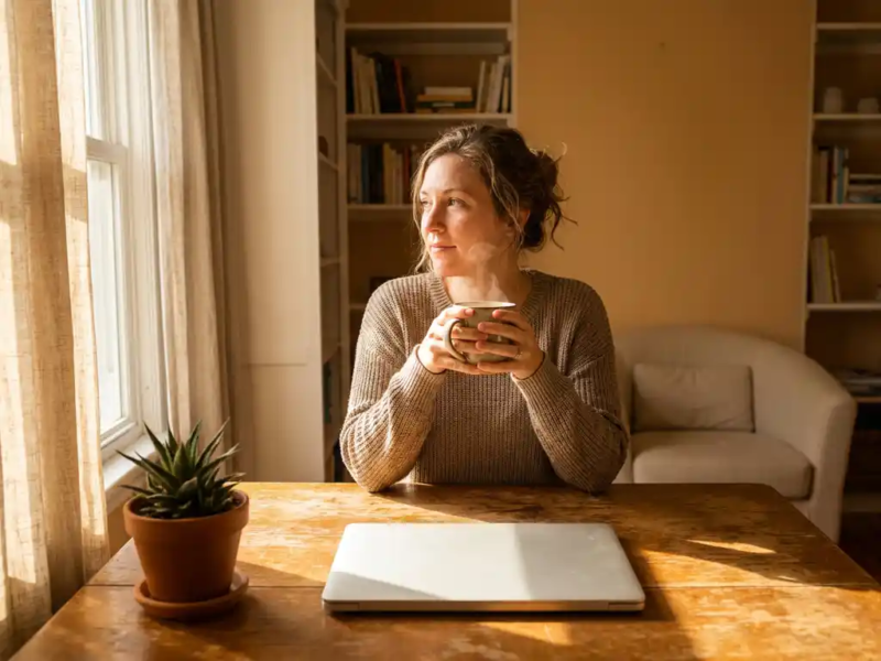 Zelfstandige professional aan een houten bureau met dampende koffie, laptop en groen plantje in warm ochtendlicht.