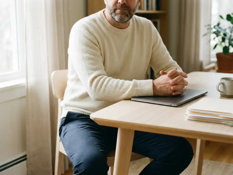Zelfstandige professional in rust aan minimalistisch thuiskantoor bureau, handen op gesloten laptop naast officiële documenten en koffiemok.