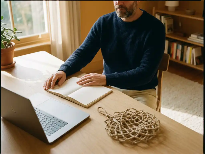 Zelfstandige professional aan modern thuiskantoor bureau met open notitieboek en touwvangnet naast laptop, warm ochtendlicht.