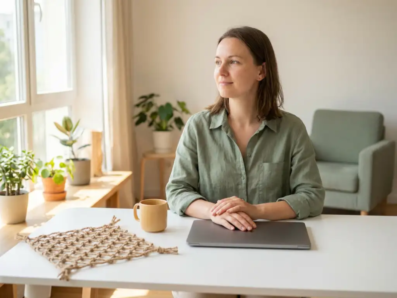 Zelfstandige professional aan wit bureau met laptop, klein touwnetje naast koffiemok, natuurlijk daglicht, rustige Nederlandse interieursetting.