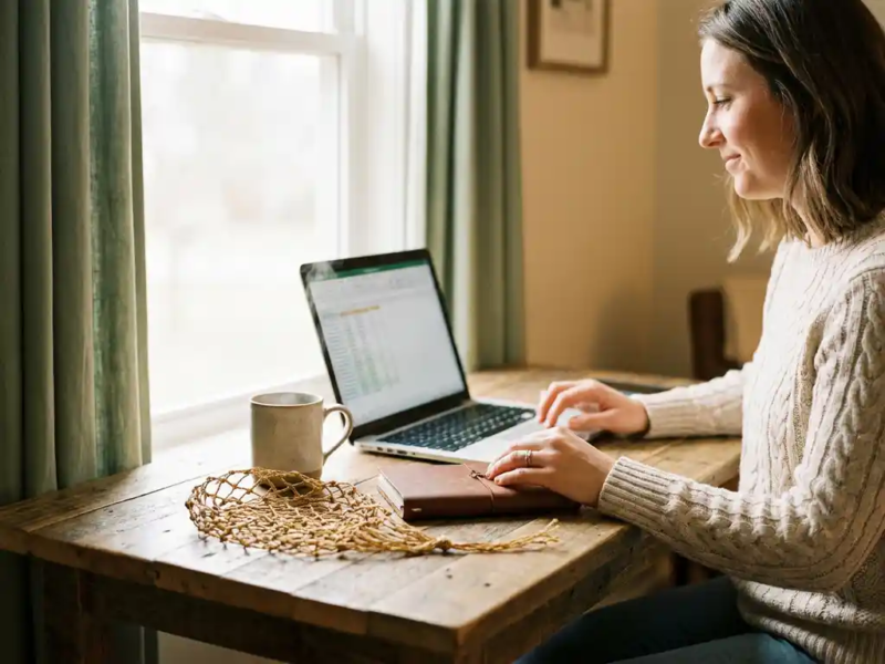 Zelfstandige professional aan houten bureau met laptop en koffie, gouden veiligheidsnet naast notitieboek, warm natuurlijk licht.