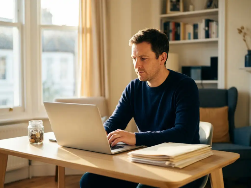 Zelfstandige professional aan modern thuiskantoor bureau met officiële documenten, spaarpot met munten en laptop in warm middaglicht.