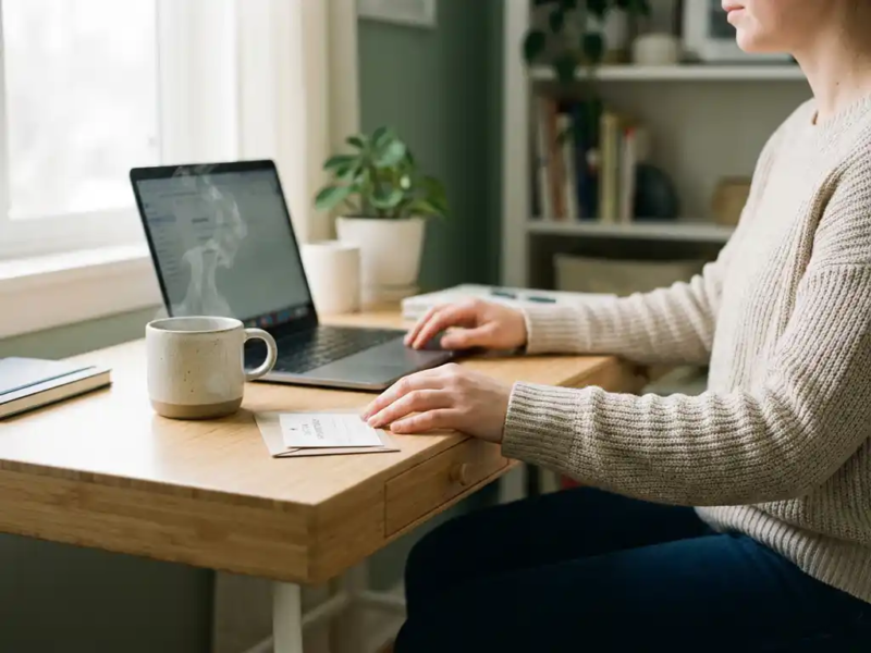 Zelfstandige professional aan een opgeruimd thuiskantoor bureau met doktersafspraakkaart, laptop en dampende koffie in zacht natuurlijk licht.