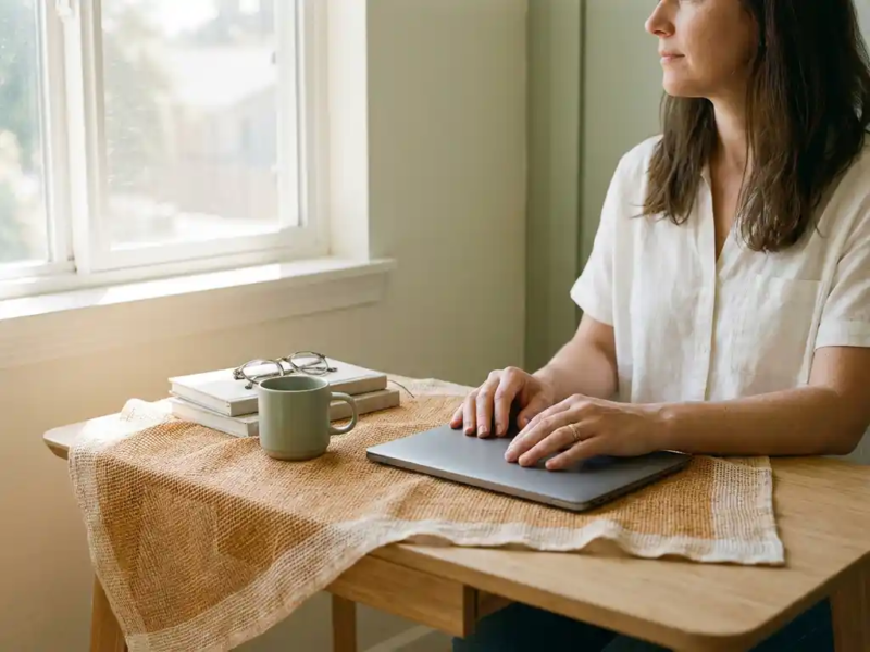 Zelfstandige professional aan minimalistisch thuiskantoor bureau met laptop, notitieboek en koffie op linnengaas, warm amberkleurig licht.