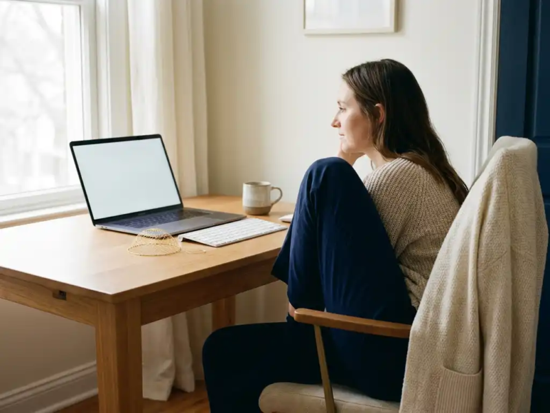 Zelfstandige professional aan een opgeruimd thuiskantoor bureau met laptop, koffie en gouden veiligheidsnet als symbool voor financiële bescherming.